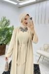 Krem Neva Abaya Takım Tesettür Giyim Krem